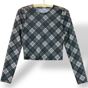 Hollister Mesh Top For Women Sz M Black/Tan Plaid Sheer Long Sleeve Crop - READ
